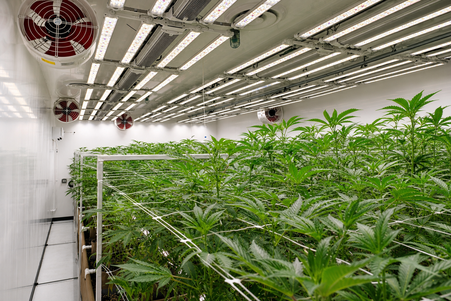 Commercial grow room showing canopy, trellis, LED lighting, and circulation fans